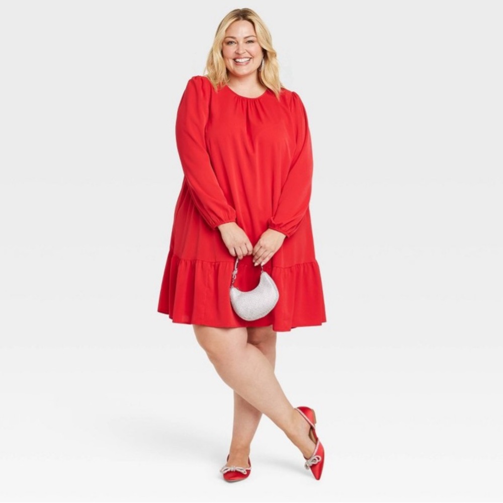 New Women's Long Sleeve Tiered Shift Dress - Ava & Viv Red 1X